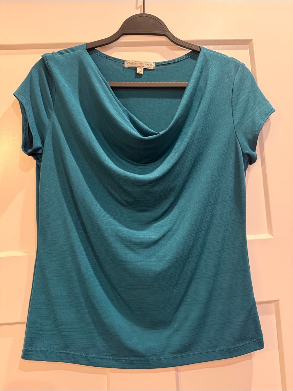 Vintage Suzie Teal Draped Cowl Neck Short Sleeve Blouse Top Size Medium